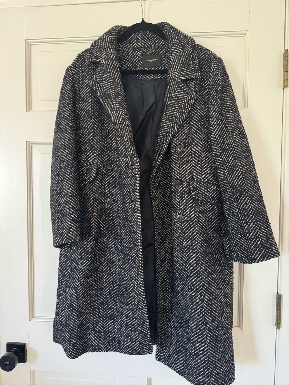 Banana Republic Factory Black & White Herringbone Double-Breasted Pea Coat